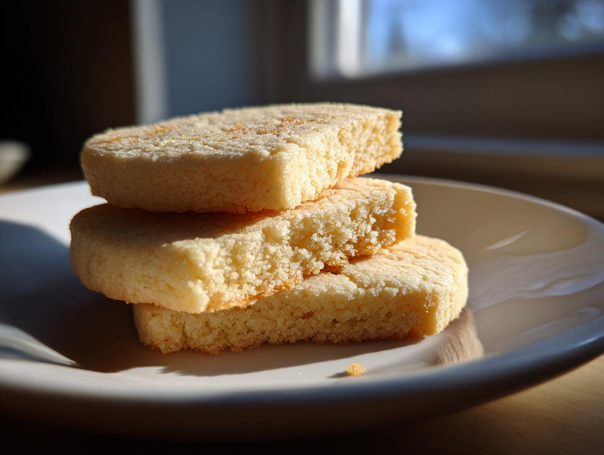 Three thick, perfectly shaped sugar cookies stacked on a light plate, showing their crumb texture.