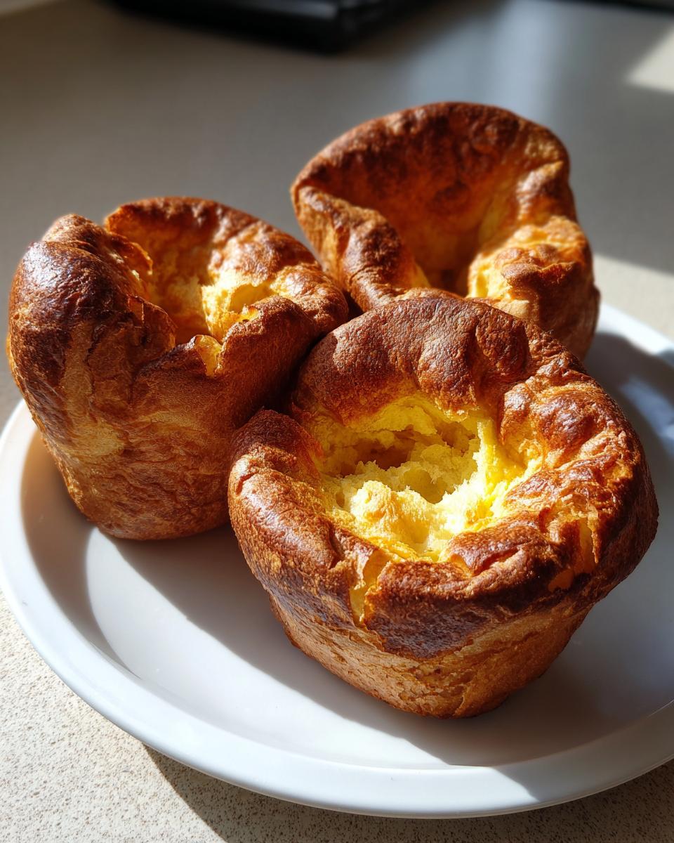 Three golden brown, puffed-up yorkshire pudding specimens resting on a white plate, showing their deep, airy centers.