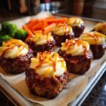 Close-up of several baked mini meatloaf portions topped with piped mashed potatoes and drizzled with glaze.