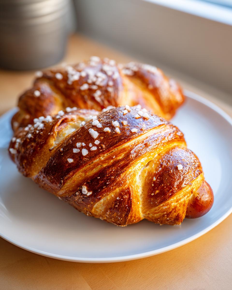 Two golden brown pretzel dogs, topped with coarse salt, resting on a white plate.