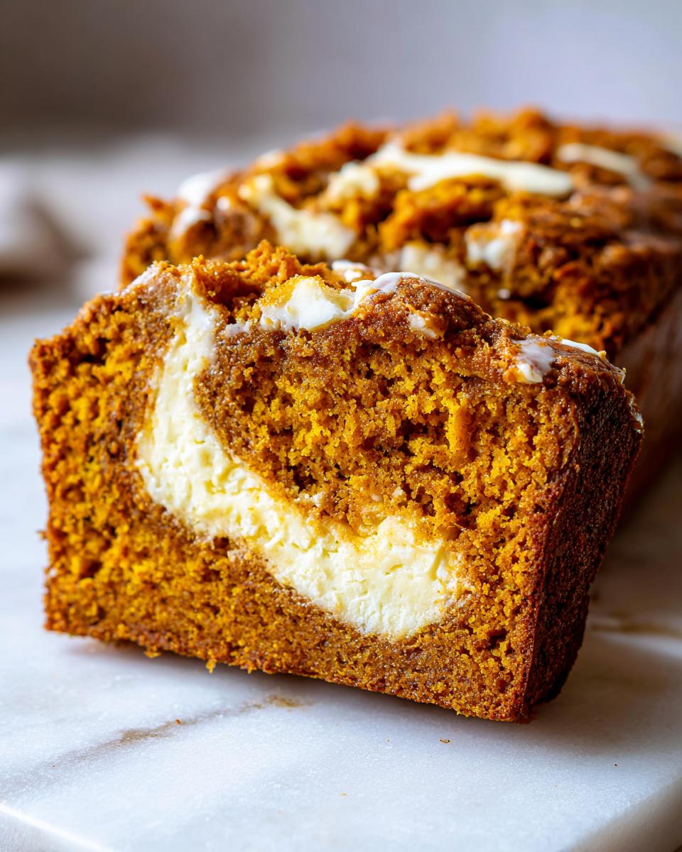 Close-up of a thick slice of moist pumpkin cream cheese bread showing the rich orange crumb and creamy white swirl.