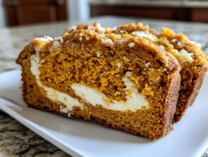 Close-up of two thick slices of moist pumpkin cream cheese bread showing the bright orange crumb and creamy white swirl.