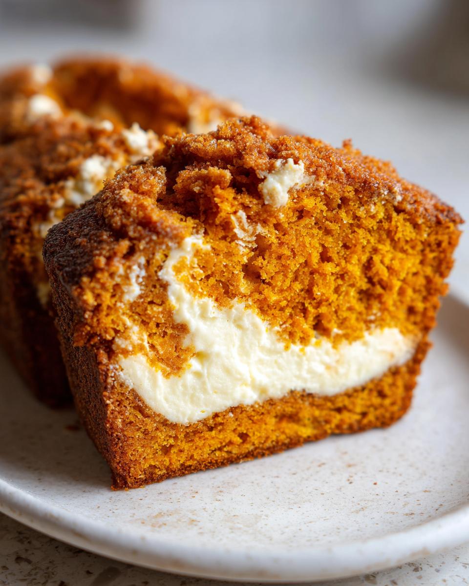 Close-up of a thick slice of moist pumpkin cream cheese bread showing the orange crumb and white cream cheese swirl.
