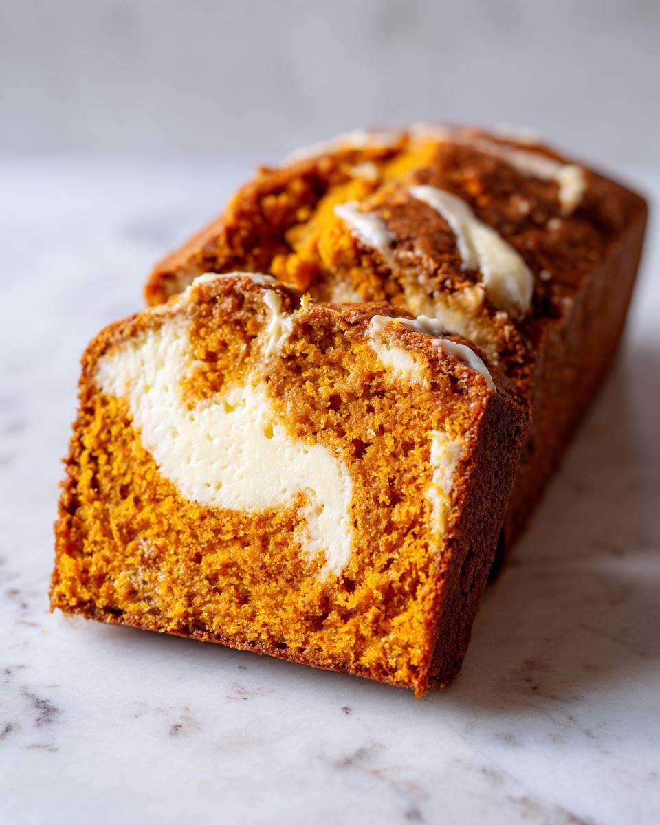 Close-up of a slice of moist pumpkin cream cheese bread showing the bright orange pumpkin cake and creamy white cream cheese swirl.