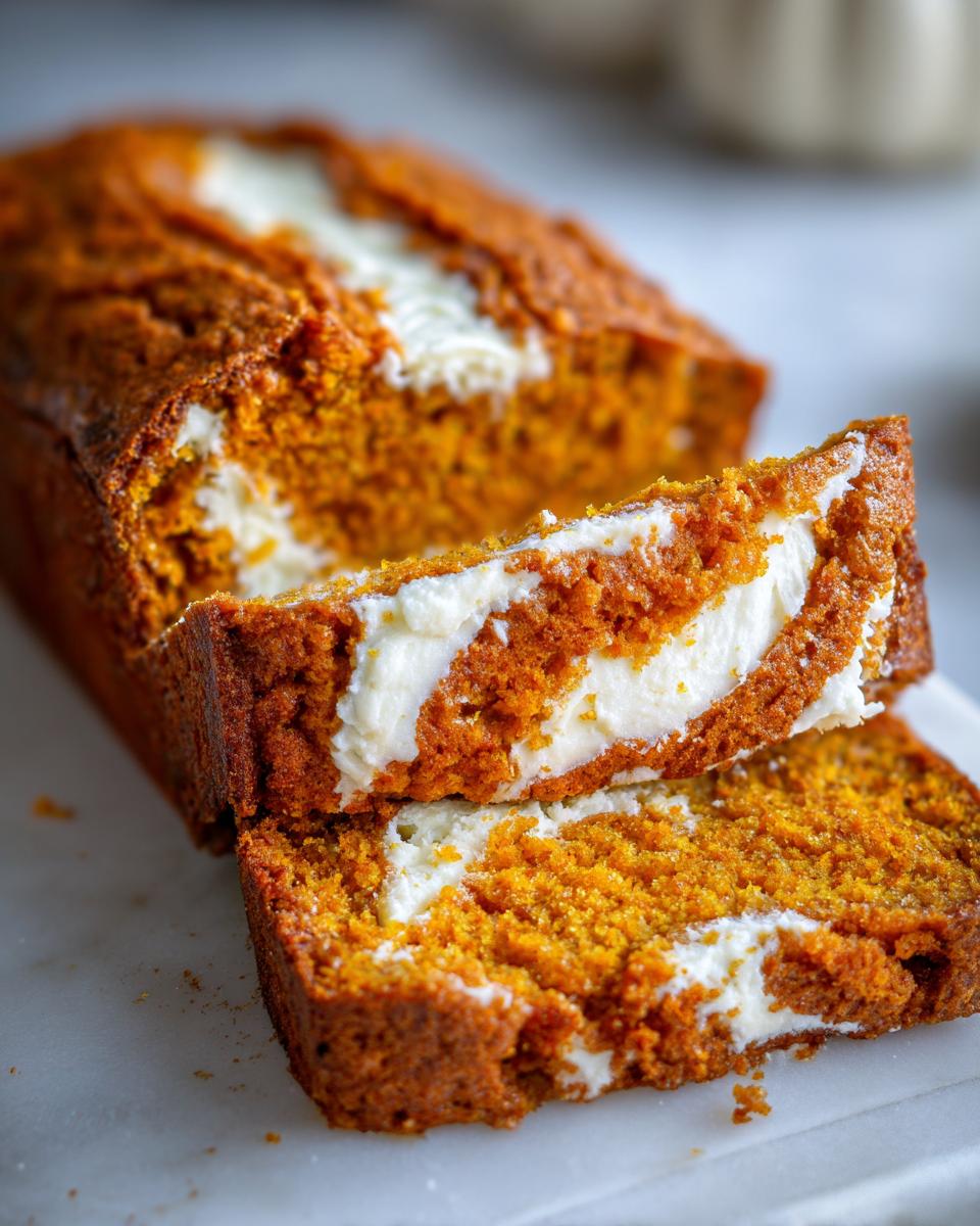 Two thick slices of moist pumpkin cream cheese bread showing the orange cake and white cream cheese swirl.