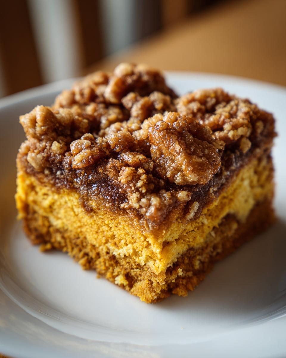 Close-up of a delicious slice of pumpkin crunch cake showing the orange cake base and thick, crunchy brown sugar topping.