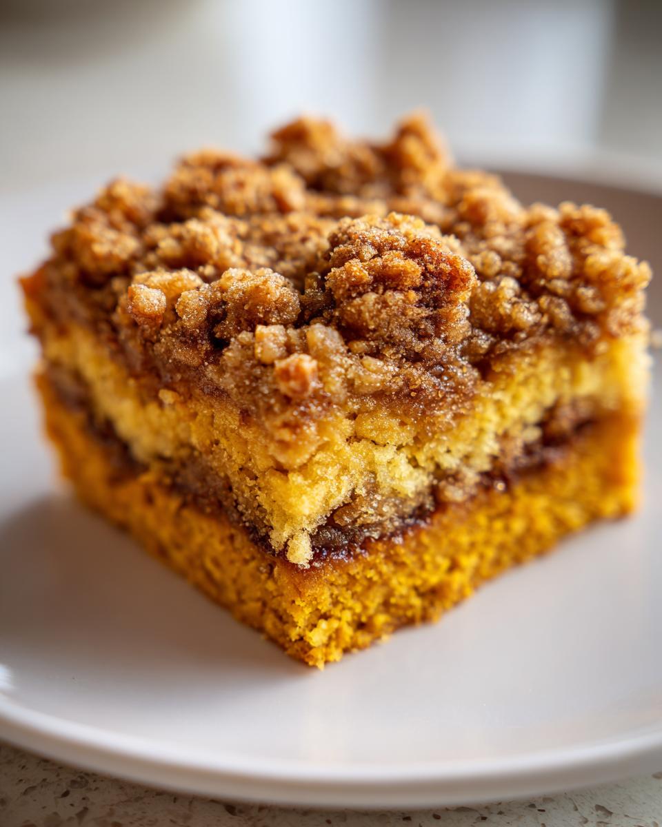 A close-up shot of a square slice of pumpkin crunch cake with a thick, crumbly topping on a white plate.