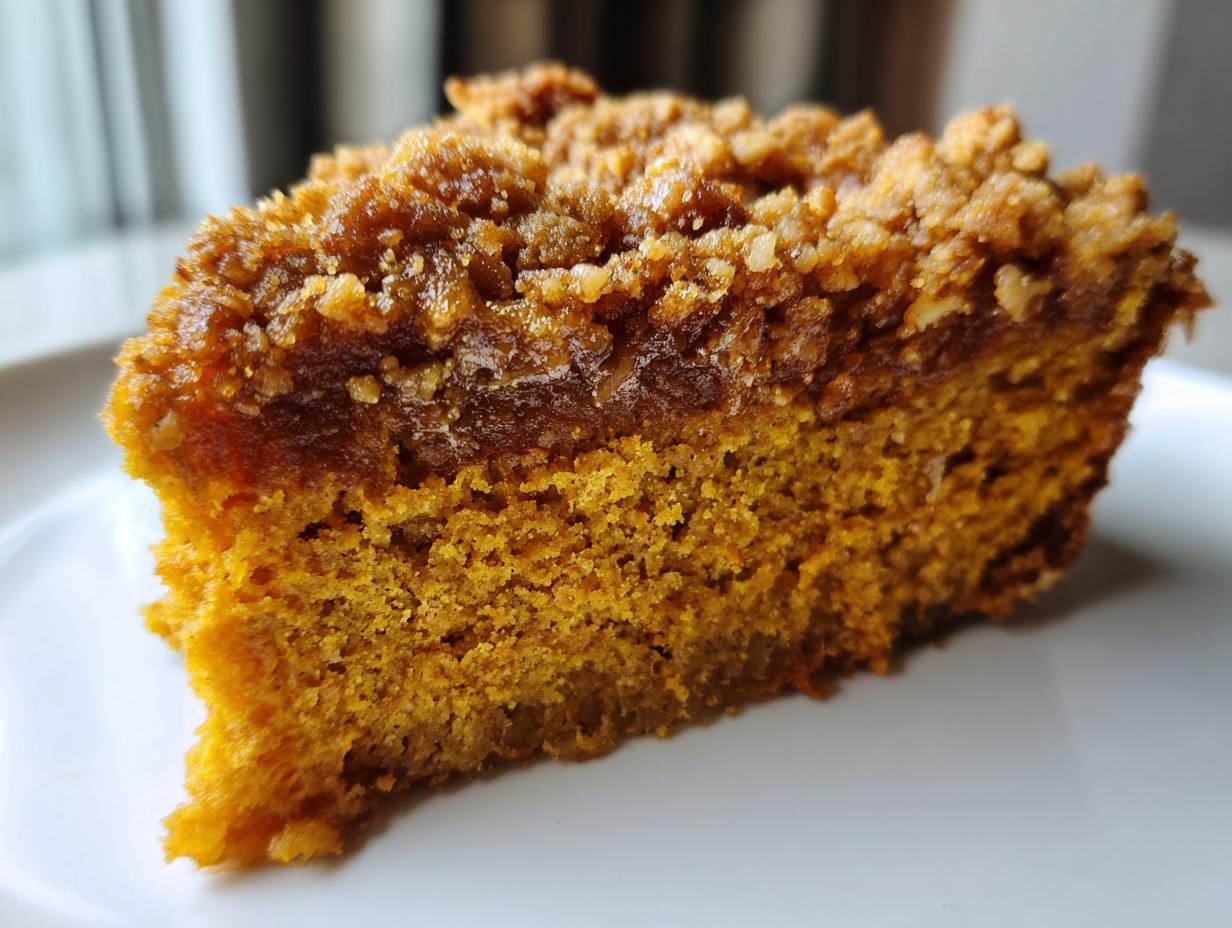 Close-up of a moist slice of pumpkin crunch cake showing the orange cake base and thick, brown, crunchy topping.