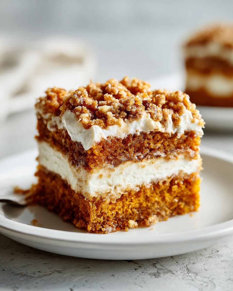 Close-up of a square slice of pumpkin crunch cake with cream cheese frosting and a crunchy topping.