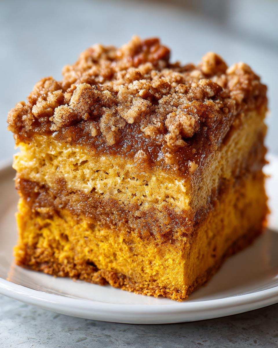 Close-up of a moist slice of pumpkin crunch cake featuring a thick, buttery streusel topping.