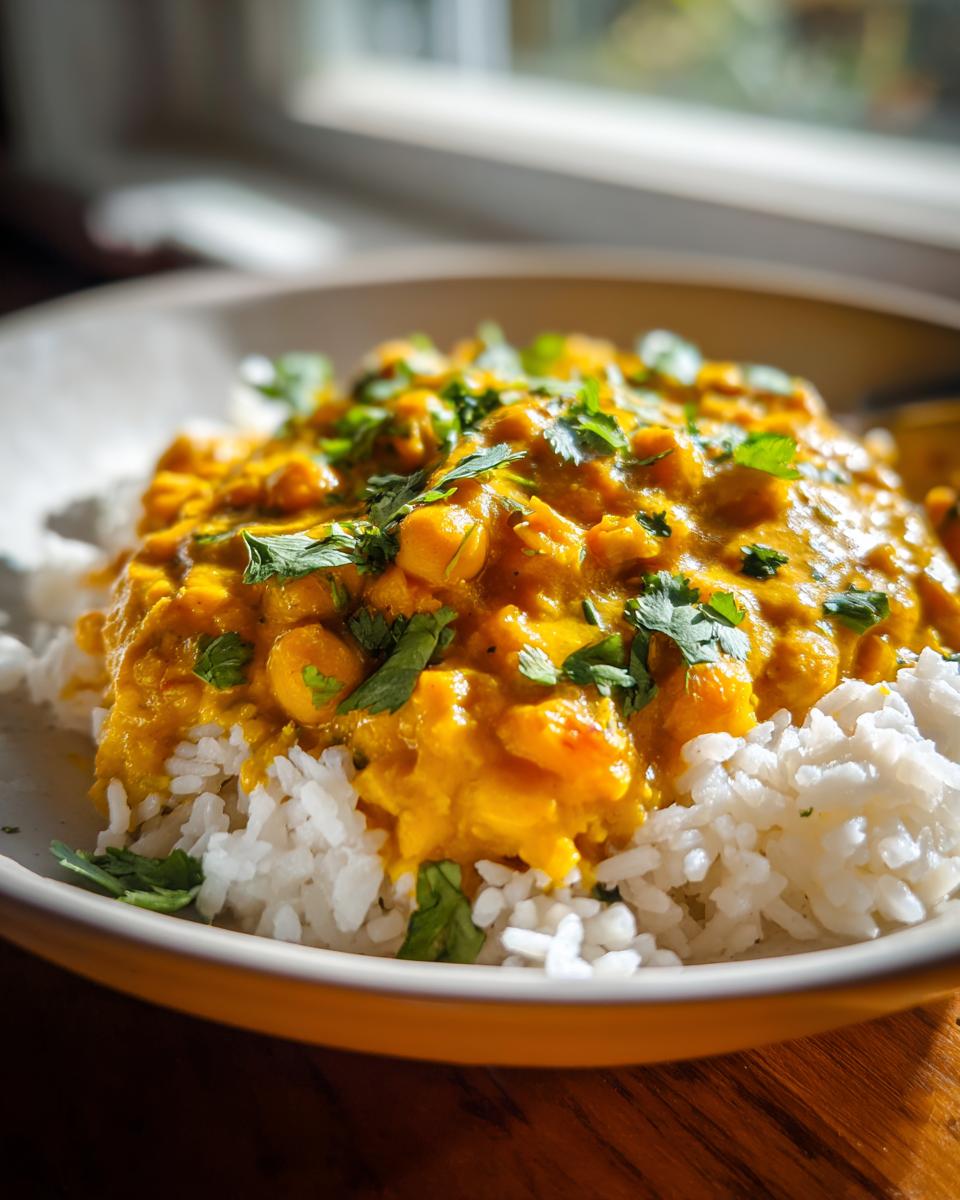 Close-up of a bowl of creamy, bright orange pumpkin curry with chickpeas, served over fluffy white rice and topped with fresh cilantro.