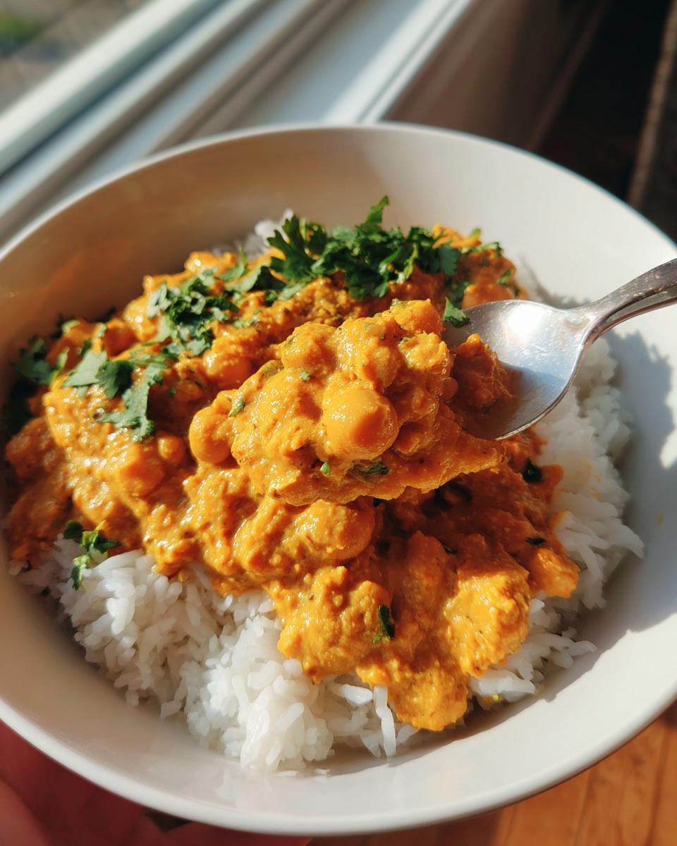A spoonful of rich, orange pumpkin curry with chickpeas being lifted from a bowl of white rice, garnished with cilantro.
