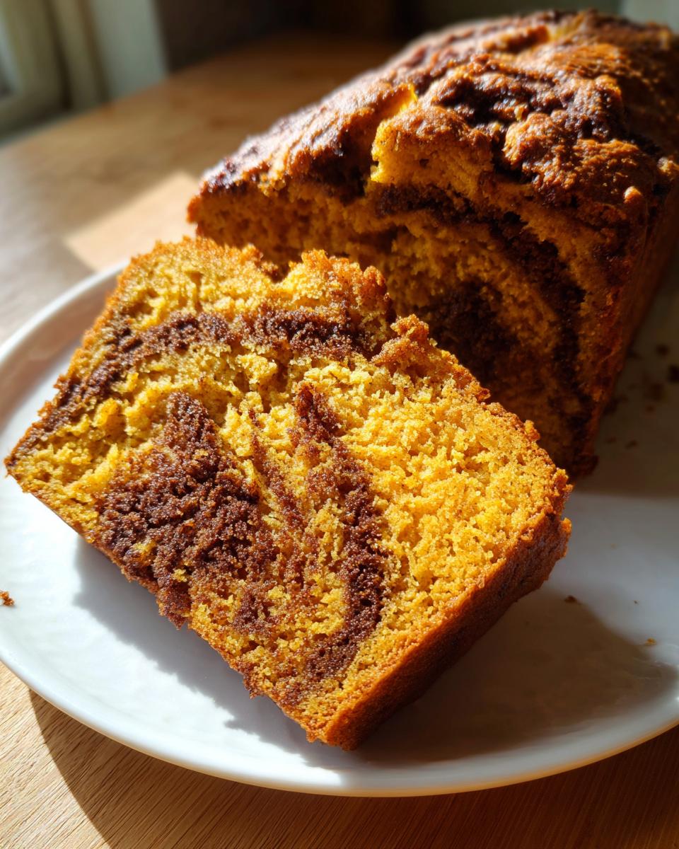 A thick slice of moist pumpkin sourdough bread showing a beautiful cinnamon swirl texture.