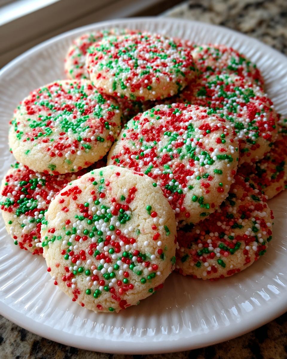 A stack of freshly baked christmas sprinkle cookies covered in red, green, and white nonpareils on a white plate.