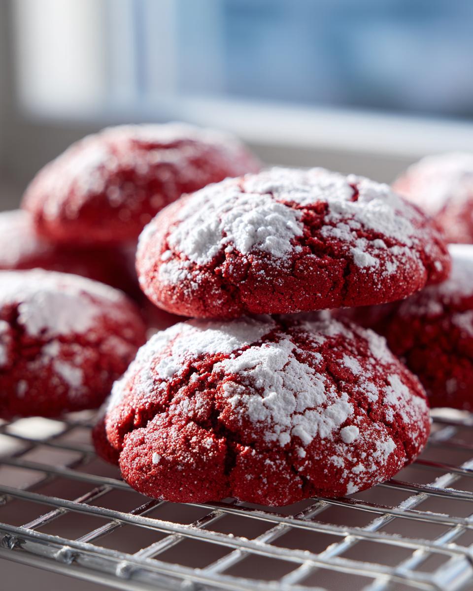 A close-up stack of vibrant red velvet cake mix cookies dusted heavily with white powdered sugar, resting on a cooling rack.