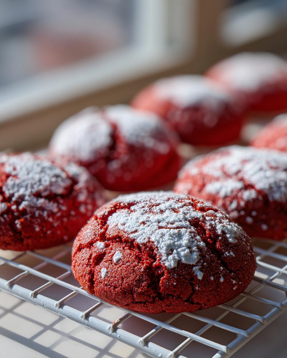Close-up of vibrant red velvet cake mix cookies dusted with powdered sugar, cooling on a white wire rack.