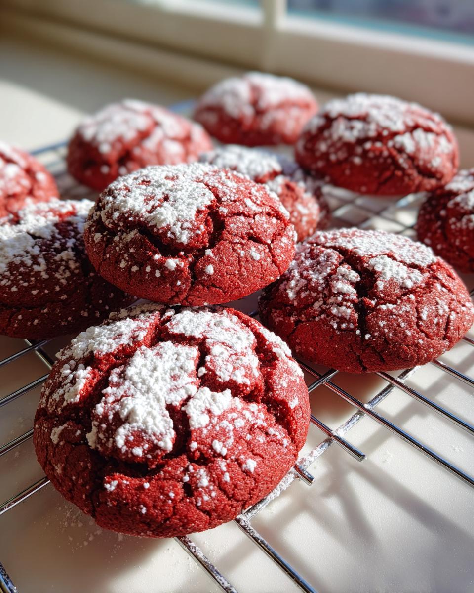 A close-up of several vibrant red velvet cake mix cookies dusted heavily with powdered sugar, cooling on a wire rack.