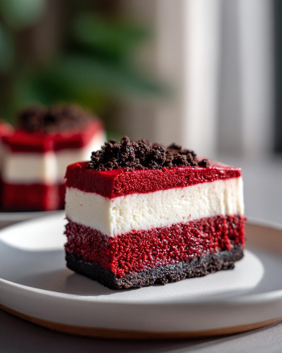 A perfectly layered slice of red velvet cheesecake featuring a dark crust, red layer, white cream layer, and topped with chocolate crumbs.