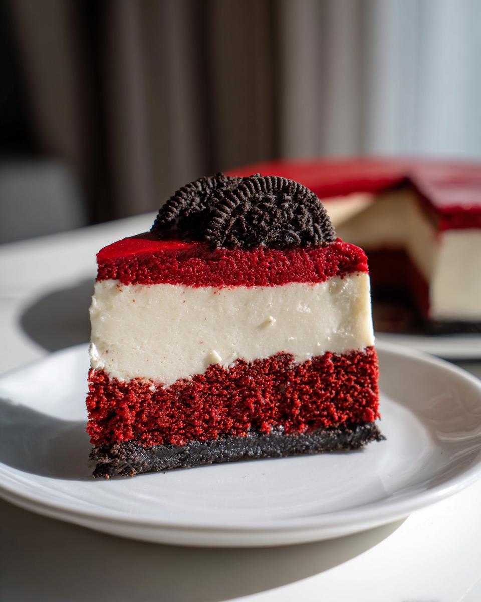 A beautiful slice of red velvet cheesecake showing distinct layers, topped with a chocolate cookie.