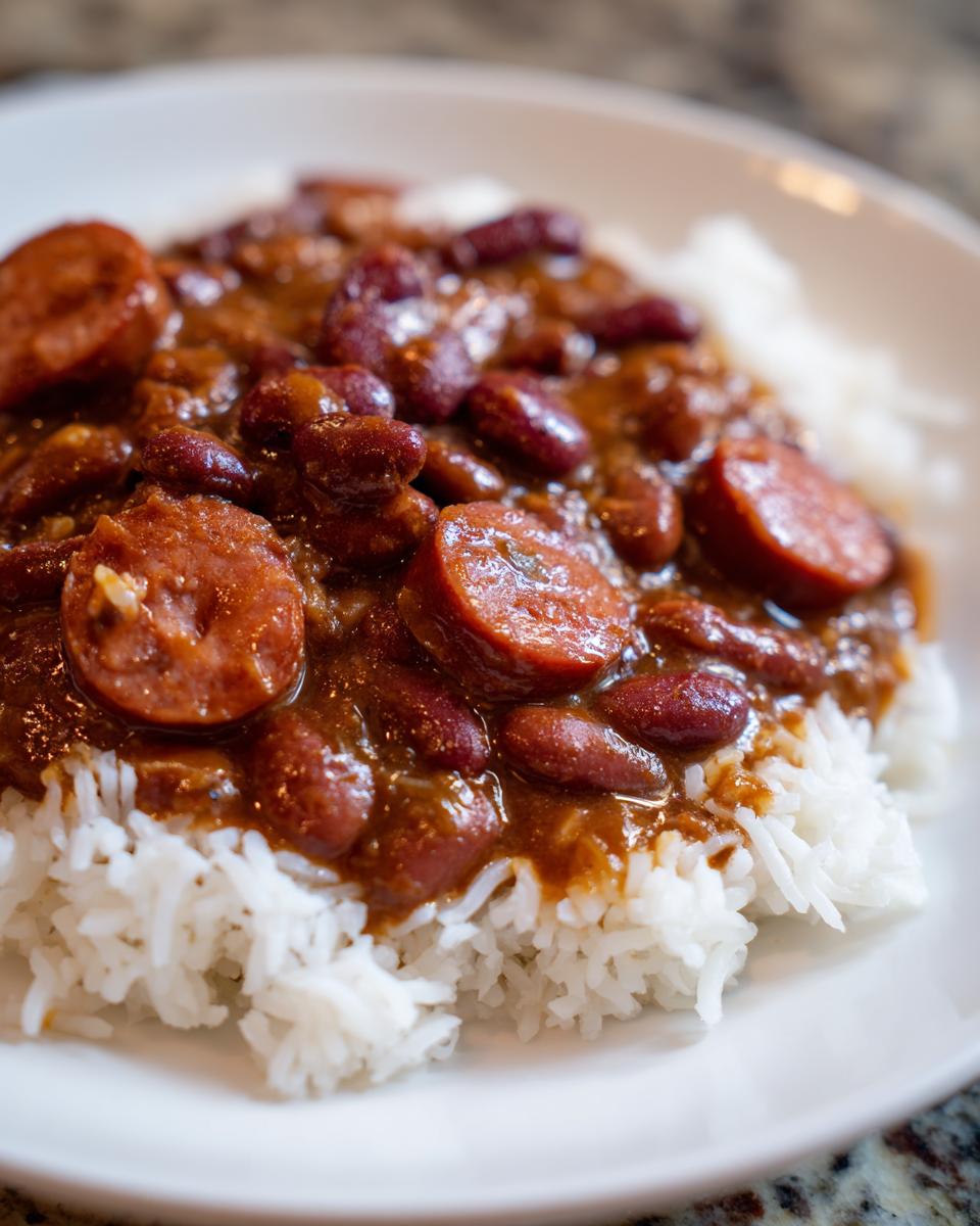 Close-up of rich, saucy red beans and sliced andouille sausage served over fluffy white rice, a perfect plate of beans and rice.