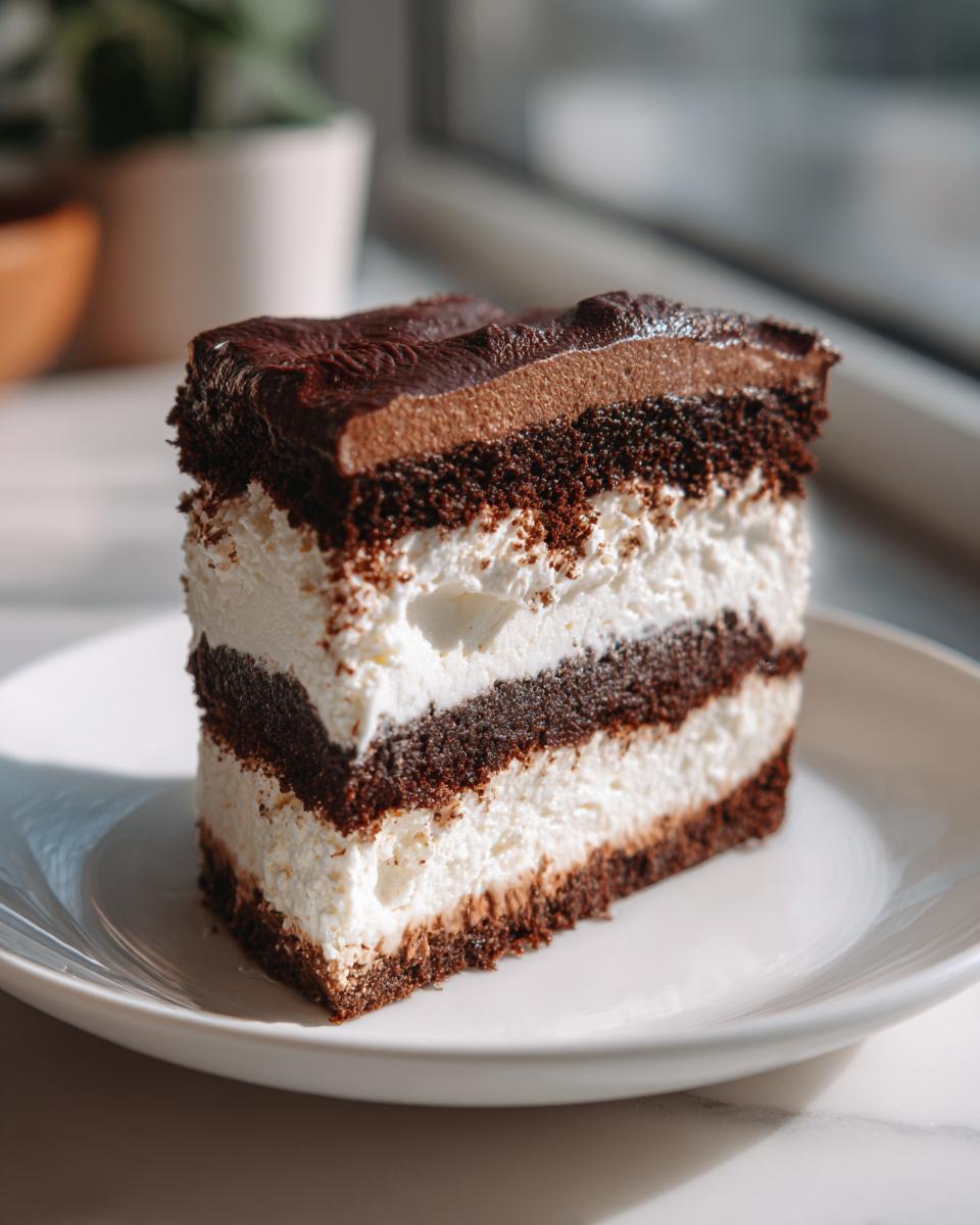 A decadent slice of chocolate layer cake with white cream filling, resembling an italian love cake, served on a white plate.