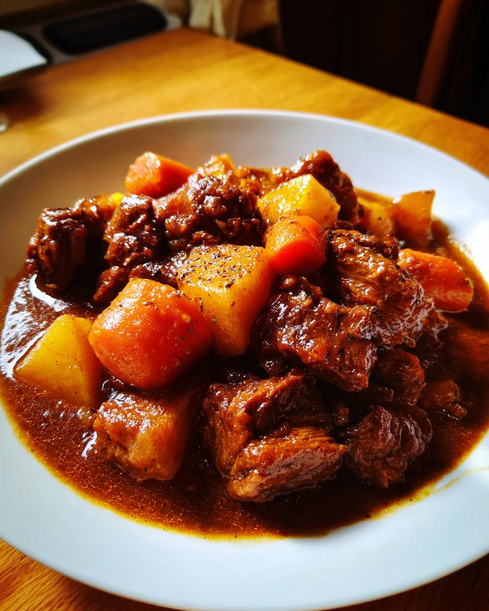 Close-up of rich, dark brown pork stew with chunks of tender meat and orange carrots in a white bowl.