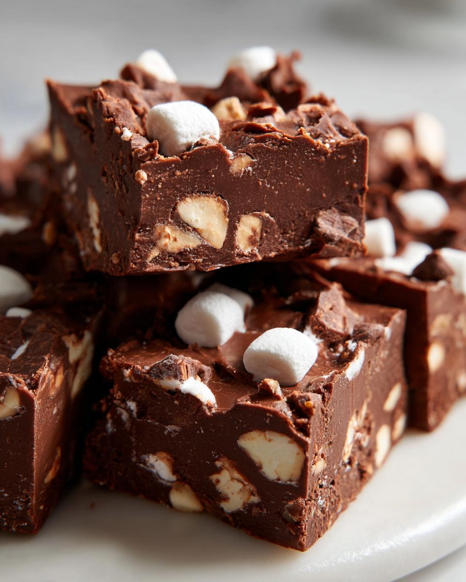 Close-up of stacked, rich chocolate rocky road fudge squares studded with marshmallows and nuts.