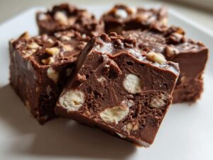 Close-up of a square piece of rich, dark rocky road fudge showing marshmallows and nuts embedded inside.