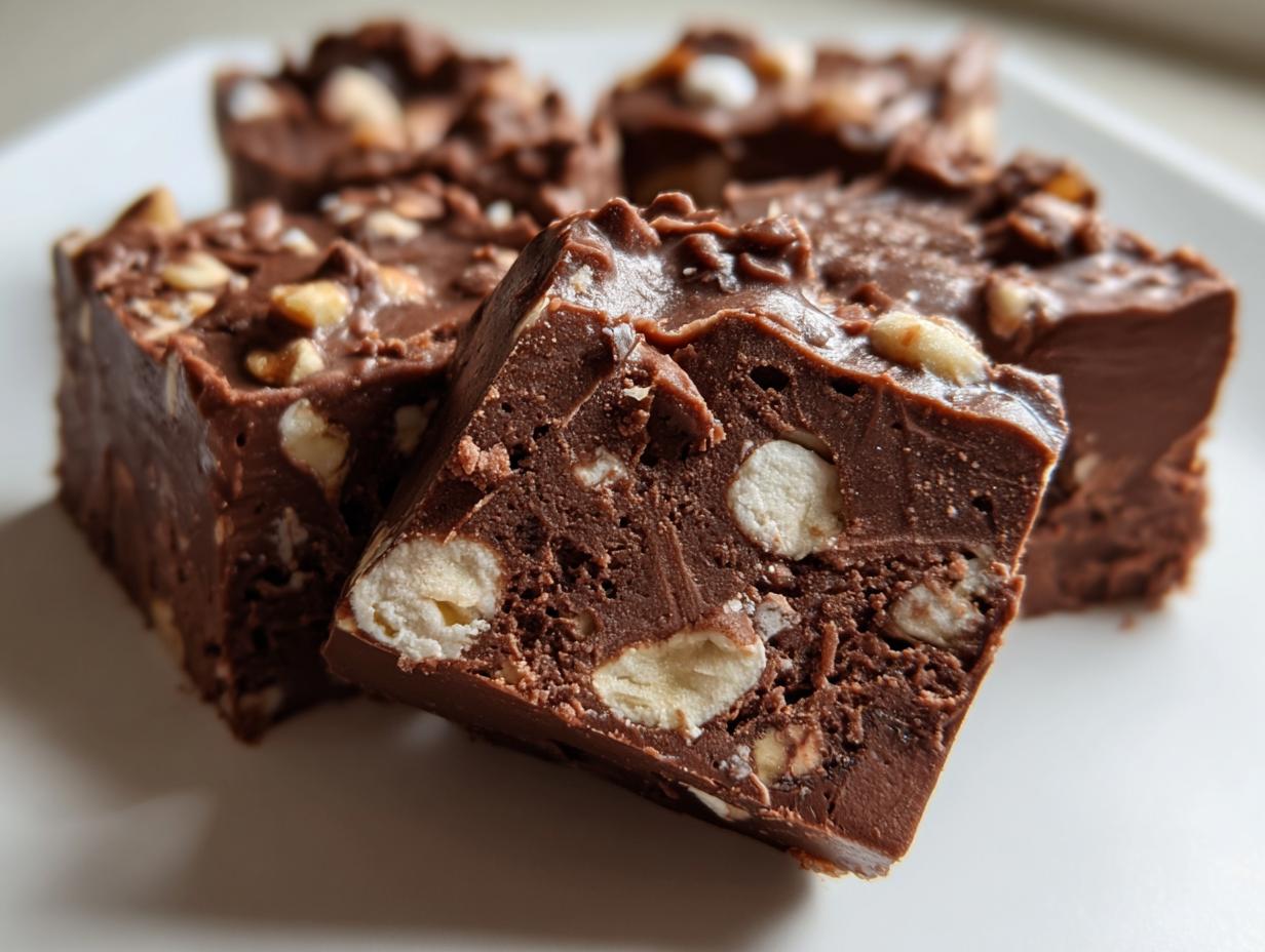 Close-up of a square piece of rich, dark rocky road fudge showing marshmallows and nuts embedded inside.
