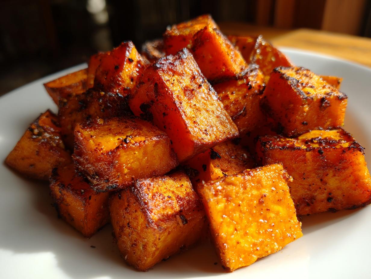 Close-up of perfectly caramelized and seasoned roasted sweet potato cubes piled on a white plate.