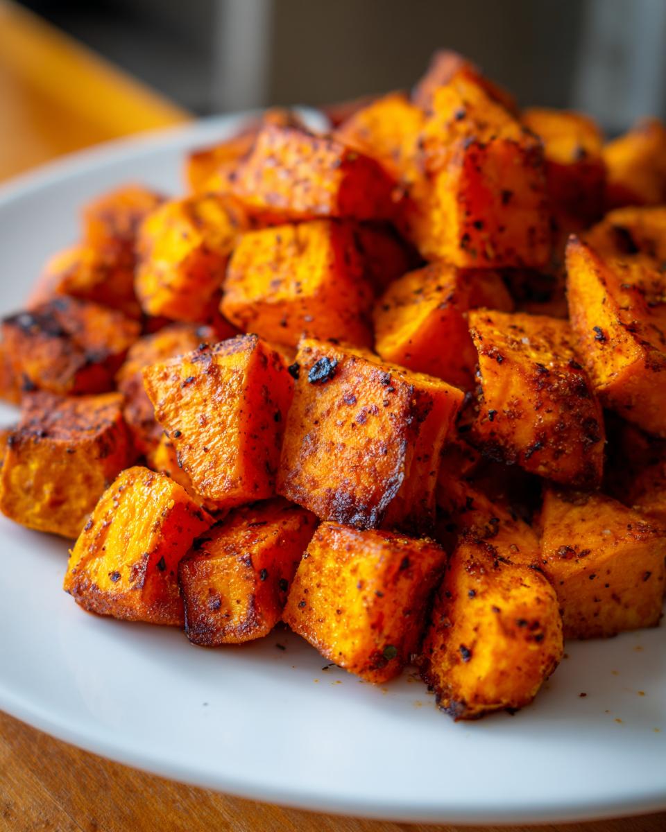 Close-up of perfectly seasoned and caramelized roasted sweet potato cubes piled on a white plate.