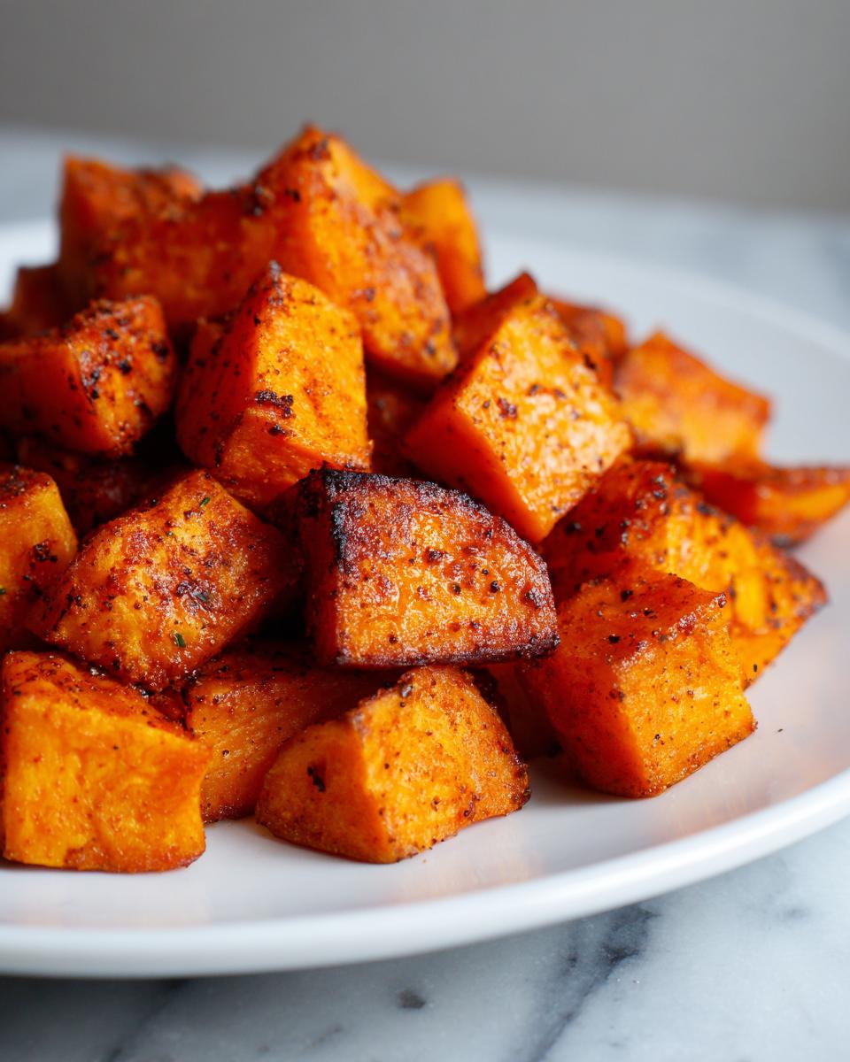 Close-up of perfectly seasoned and roasted sweet potato cubes piled on a white plate.