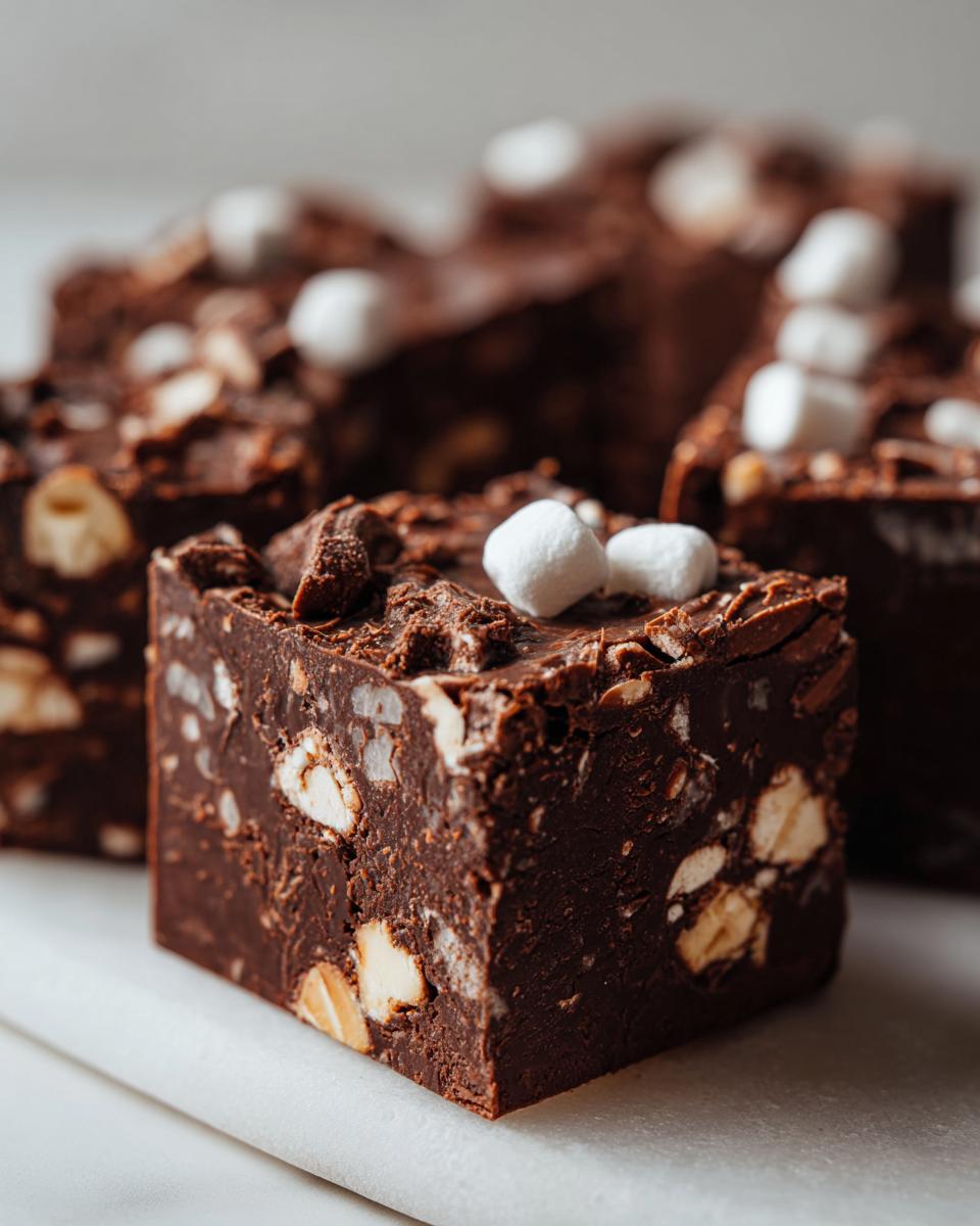 A close-up of a square piece of rich, dark rocky road fudge loaded with nuts and topped with mini marshmallows.