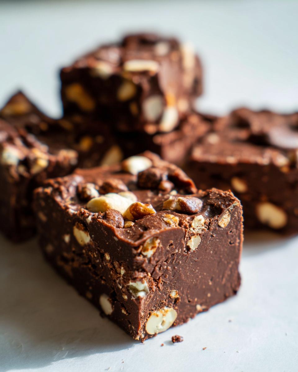 A close-up, focused shot of a square piece of rich, dark rocky road fudge loaded with visible nuts.