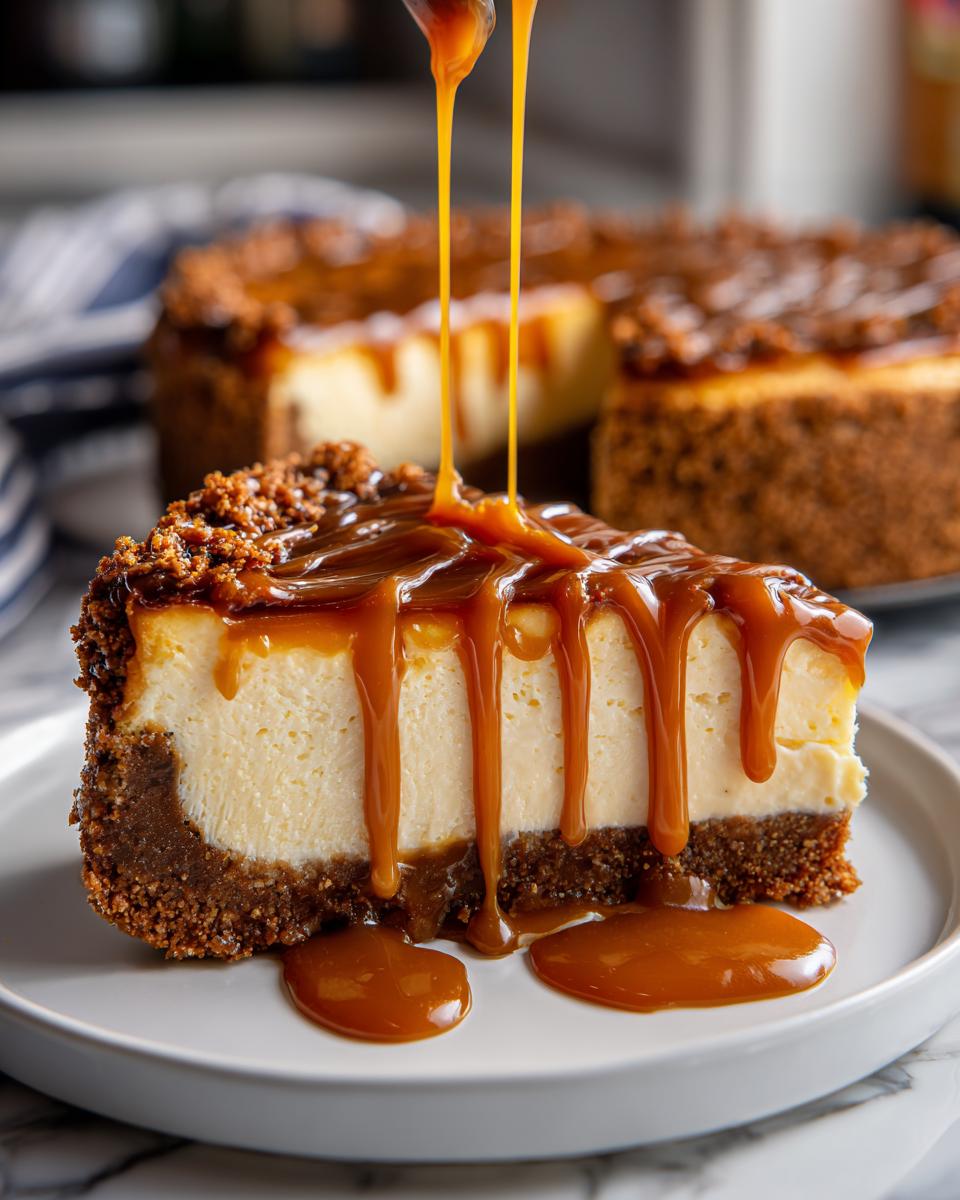 A slice of creamy salted caramel cheesecake being generously drizzled with thick, golden caramel sauce.