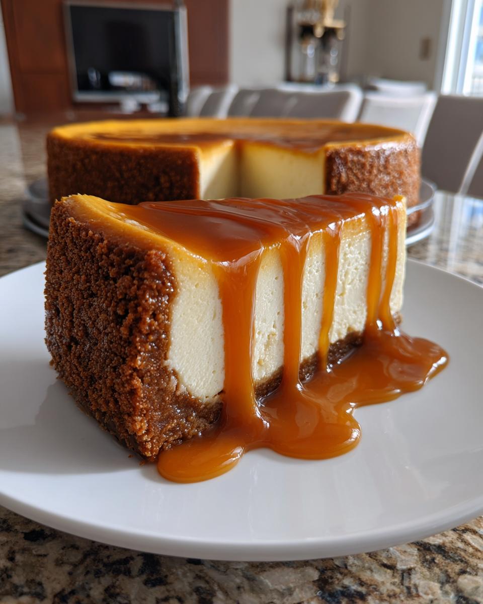 A decadent slice of salted caramel cheesecake topped with thick, dripping caramel sauce, with the rest of the cake blurred in the background.