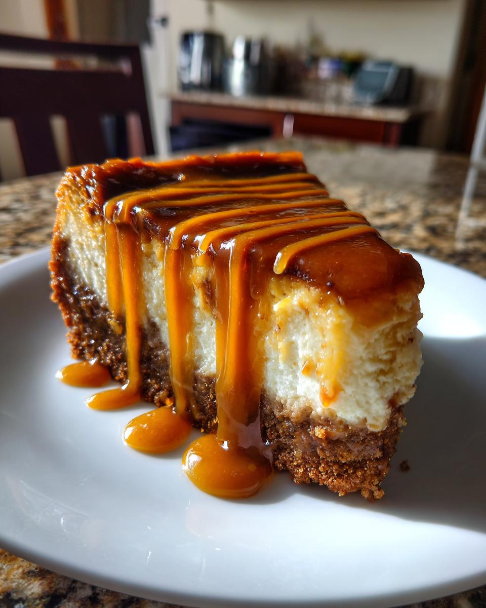 A decadent slice of salted caramel cheesecake featuring a thick graham cracker crust and rich caramel sauce dripping down the sides.