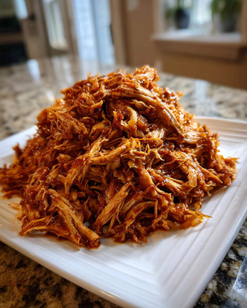 A large mound of saucy, shredded pulled chicken piled high on a white rectangular plate.