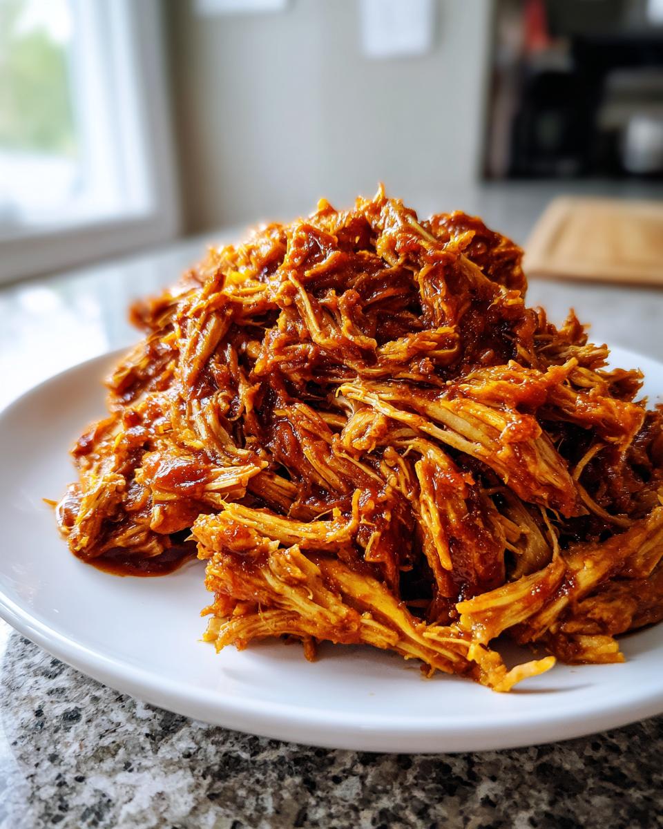 A close-up of a generous mound of saucy, shredded pulled chicken served on a white plate.