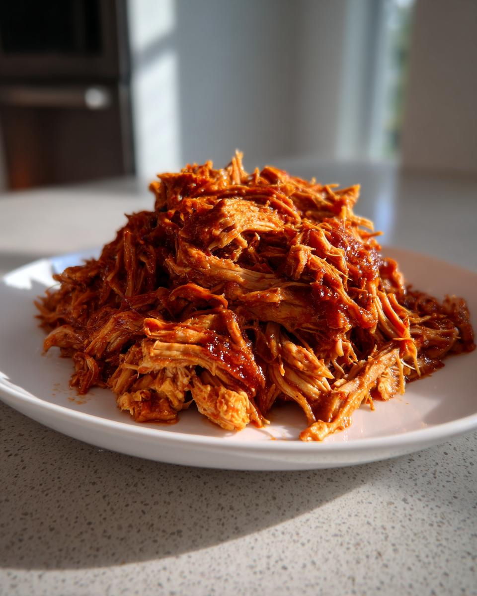 A mound of saucy, shredded pulled chicken piled high on a white plate, ready to serve.