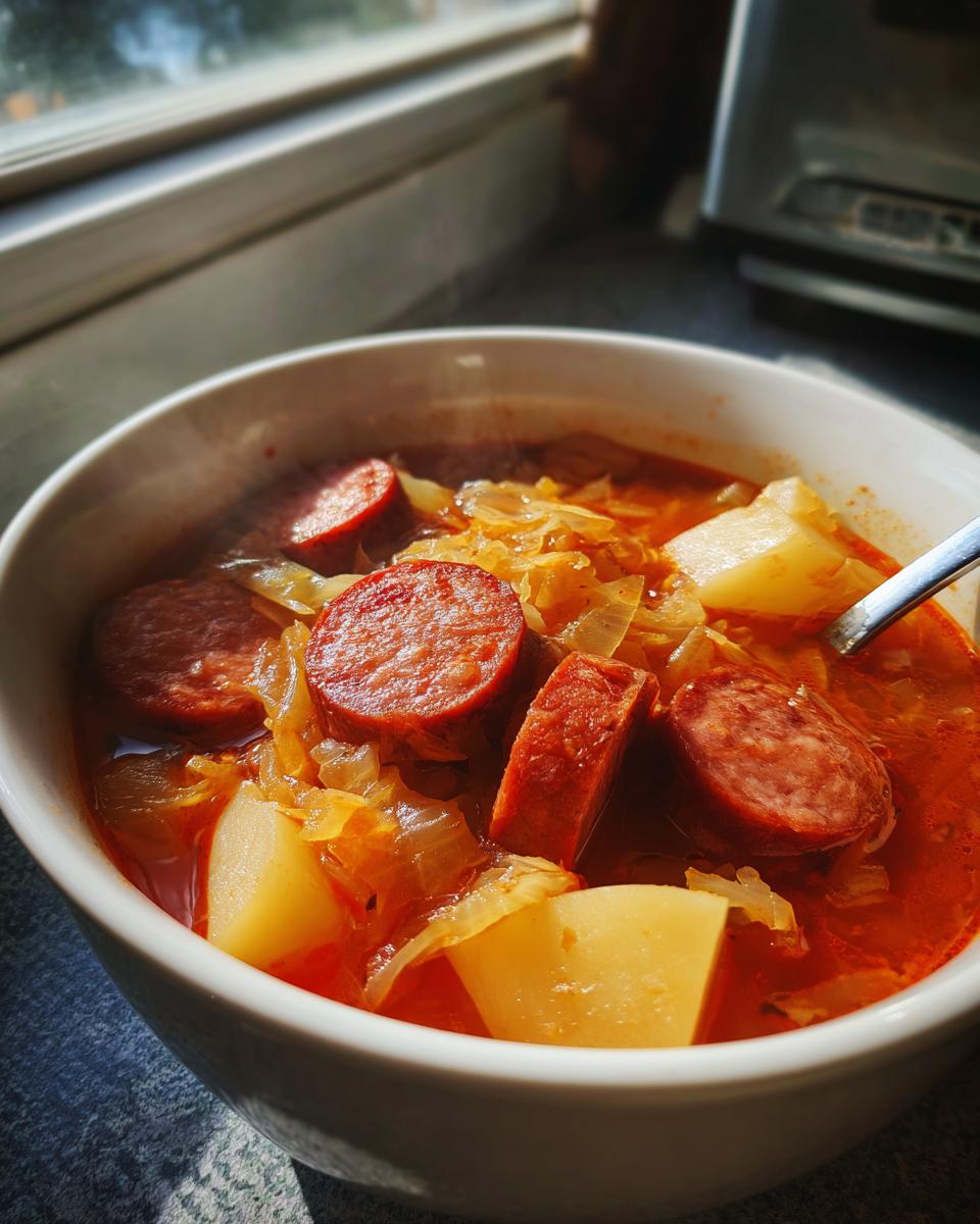 Close-up of a steaming bowl of rich, red sauerkraut soup filled with sliced sausage, potatoes, and cabbage.