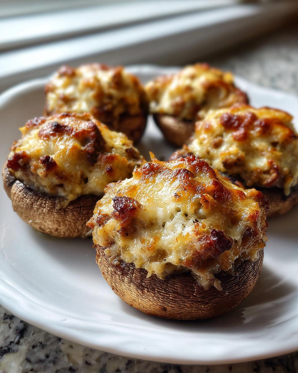 Five perfectly baked sausage stuffed mushrooms with a golden, melted cheese topping served on a white plate.