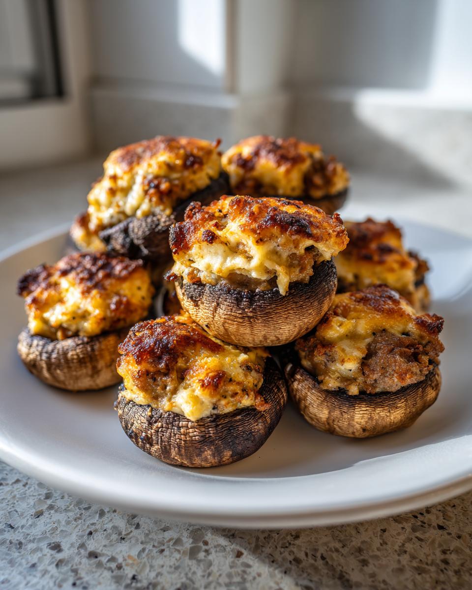 A stack of baked sausage stuffed mushrooms with a golden, browned cheese topping served on a white plate.