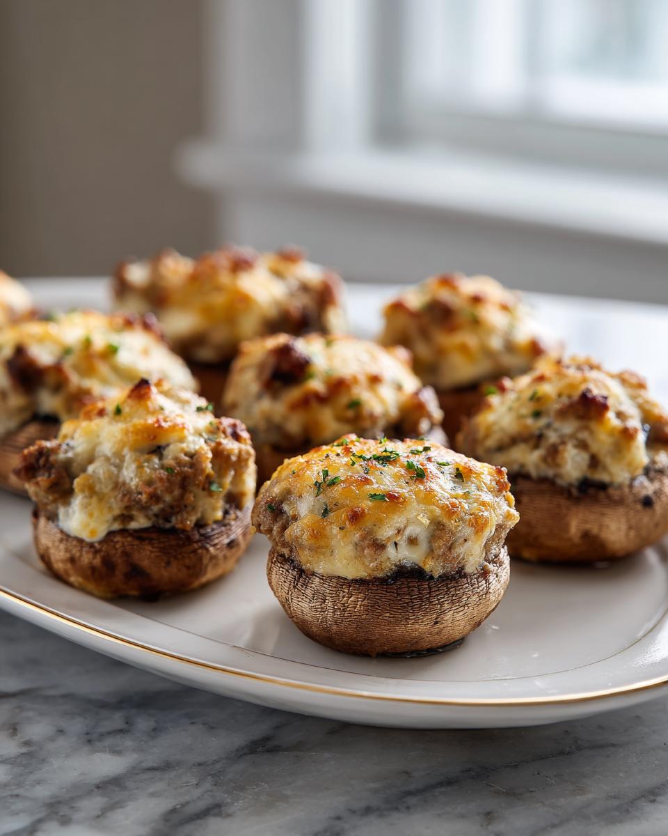 Close-up of several baked sausage stuffed mushrooms recipe appetizers topped with golden, melted cheese and parsley.