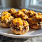 A plate of freshly baked sausage stuffed mushrooms recipe, topped with bubbly, melted orange cheddar cheese.