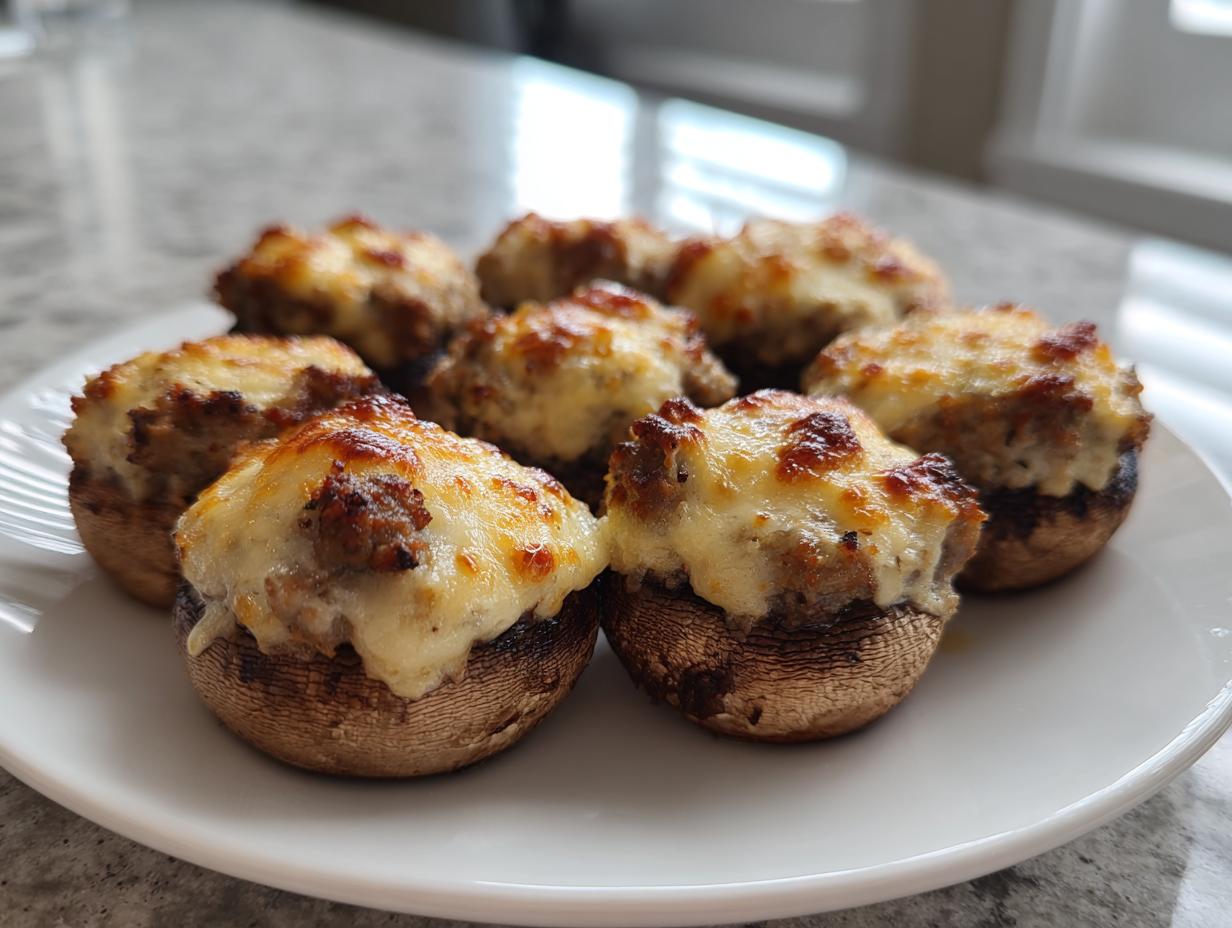 Close-up of several baked sausage stuffed mushrooms topped with melted, browned cheese, served on a white plate.