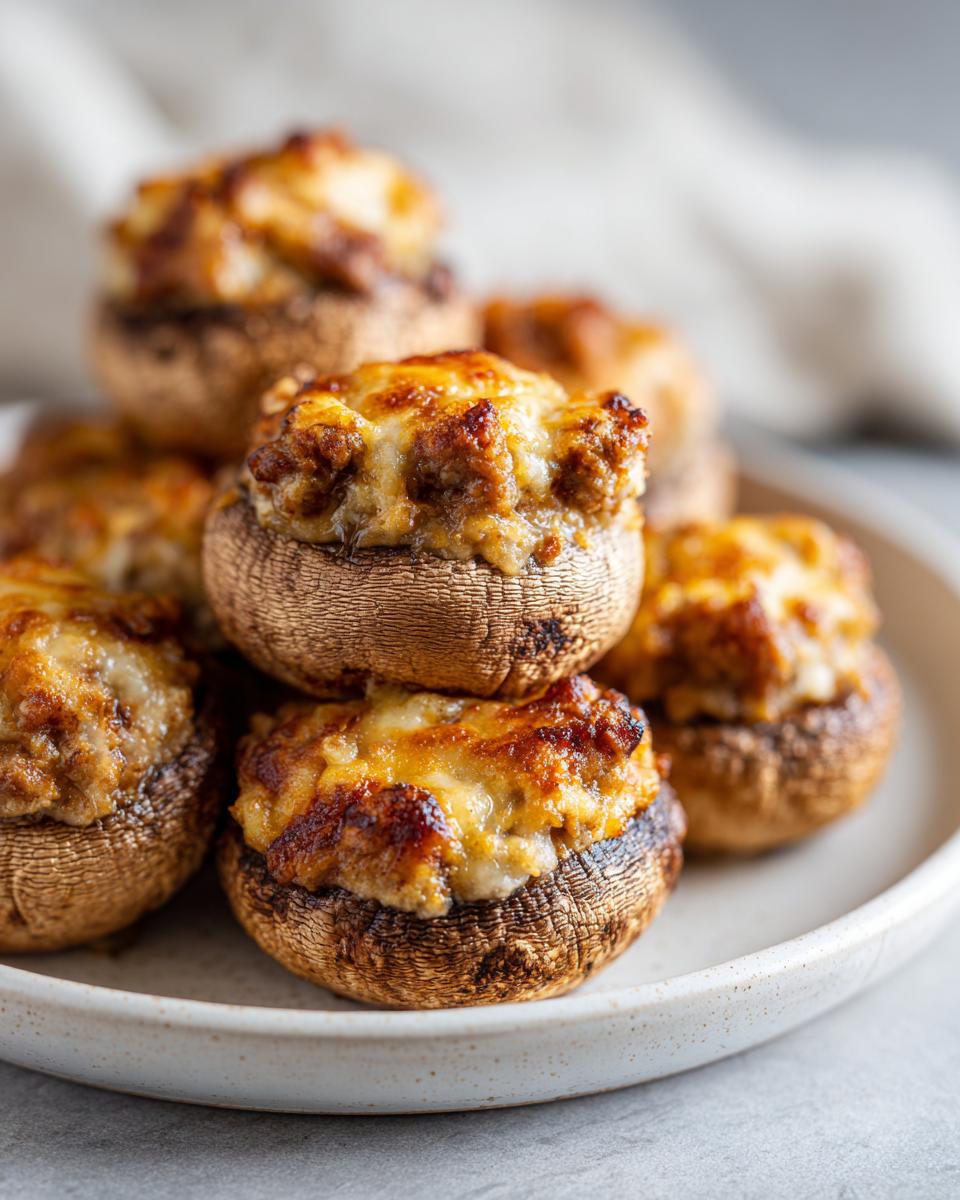 Close-up of several golden-brown sausage stuffed mushrooms topped with melted, browned cheese.