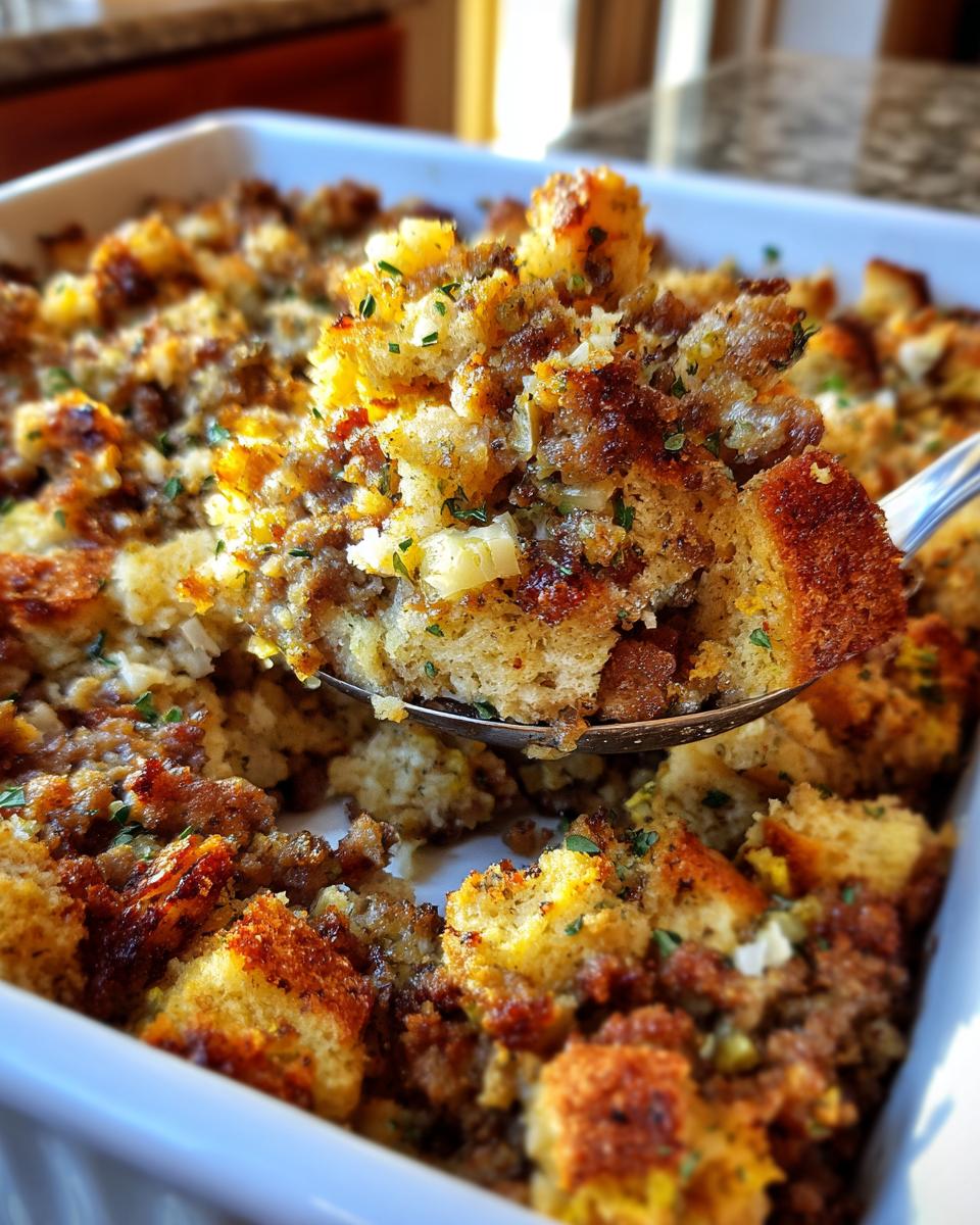 A spoonful of crispy, golden sausage stuffing being lifted from a white baking dish.