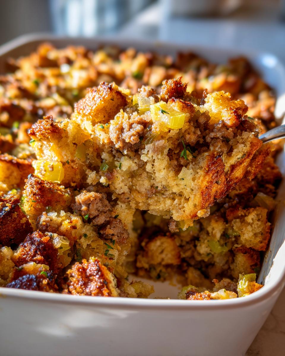 A spoonful of savory sausage stuffing lifted from a white baking dish, showing crispy edges and moist interior.