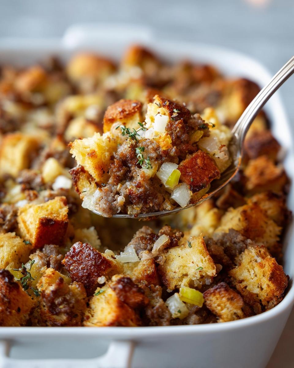 A spoonful of golden brown sausage stuffing, featuring bread cubes, ground sausage, and celery, being lifted from a white baking dish.